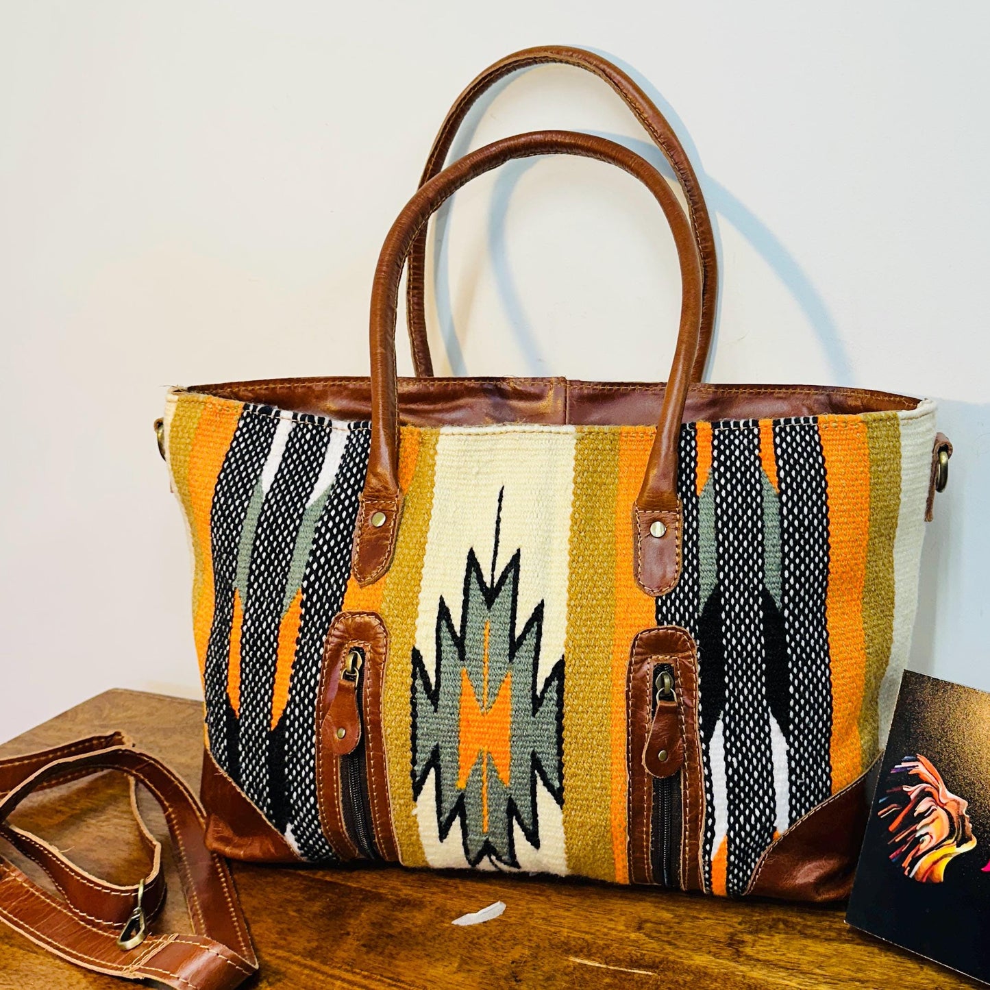 Western Style Blanket Shoulder Bag | Aztec Saddle Blanket Bag | Carpet Bag | Boho Large Shoulder Bag | Hand Tooled Blanket Shoulder Bag