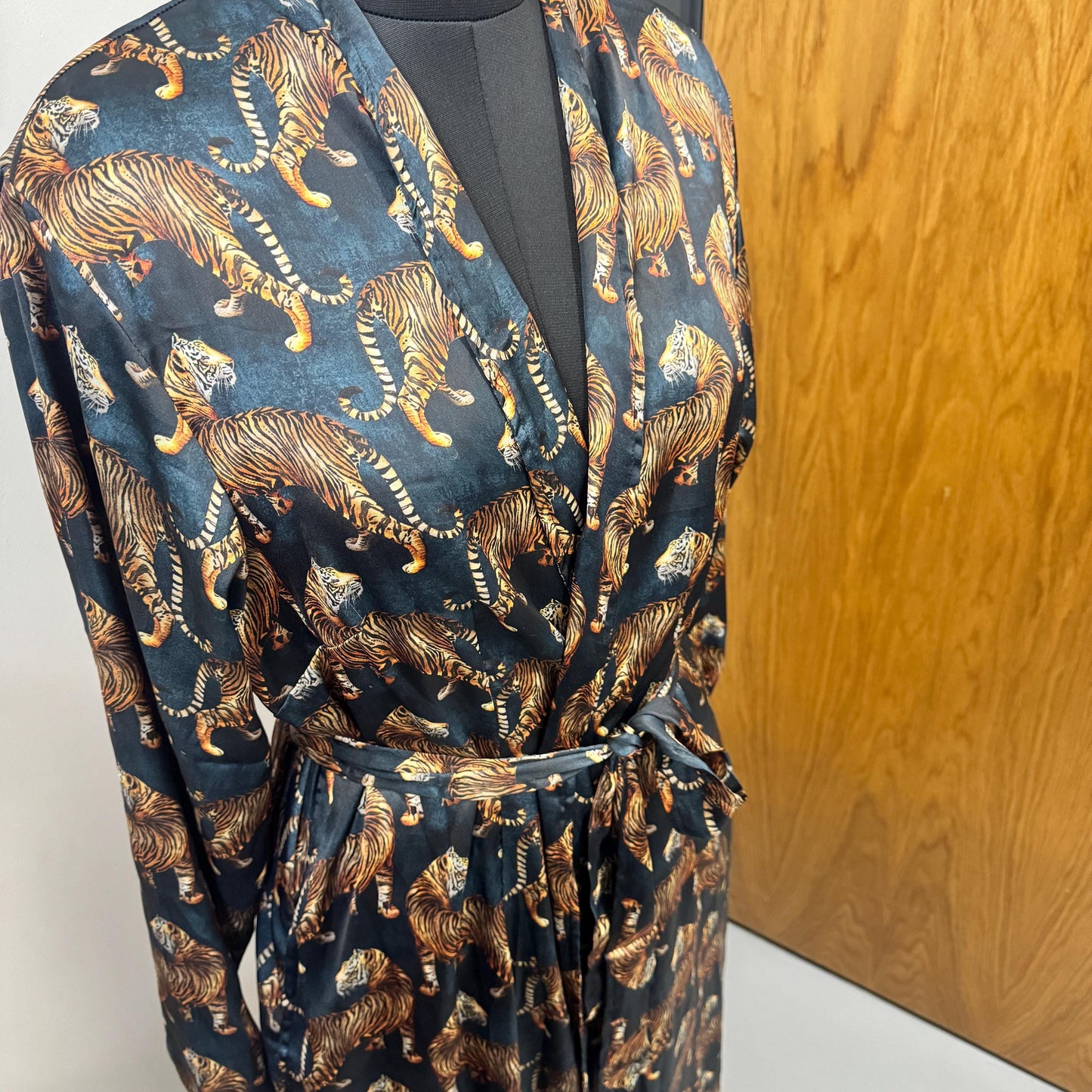 Satin Robe with Bengal Tiger Print | Reversible Kimono Robe | Satin Dressing Gown | Satin Gown | Long Dressing Gown | Long Satin Robe
