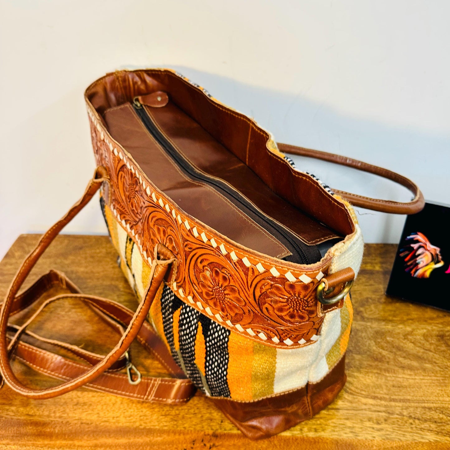 Western Style Blanket Shoulder Bag | Aztec Saddle Blanket Bag | Carpet Bag | Boho Large Shoulder Bag | Hand Tooled Blanket Shoulder Bag