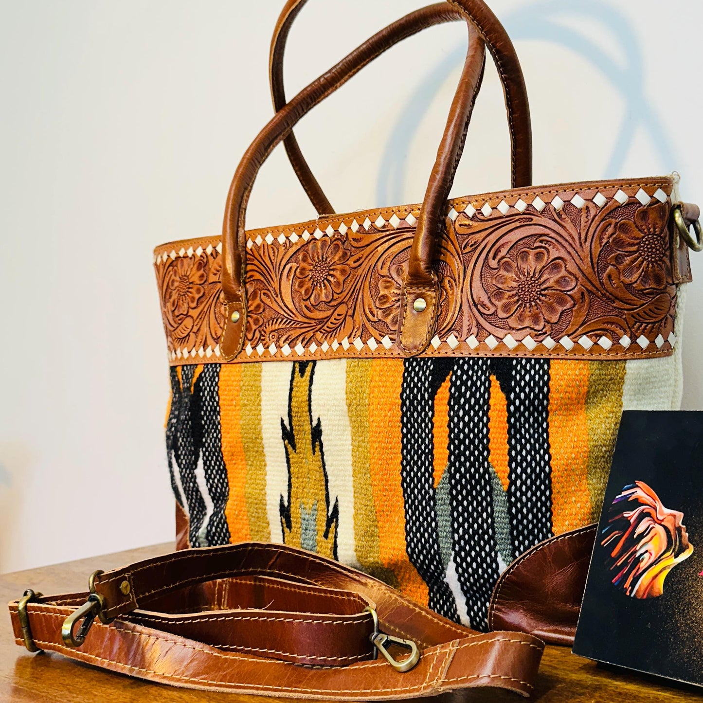 Western Style Blanket Shoulder Bag | Aztec Saddle Blanket Bag | Carpet Bag | Boho Large Shoulder Bag | Hand Tooled Blanket Shoulder Bag