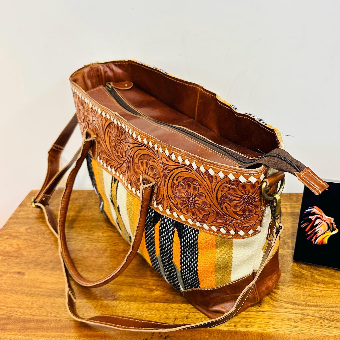 Western Style Blanket Shoulder Bag | Aztec Saddle Blanket Bag | Carpet Bag | Boho Large Shoulder Bag | Hand Tooled Blanket Shoulder Bag