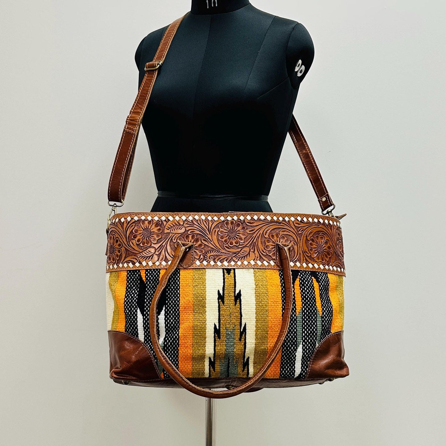 Western Style Blanket Shoulder Bag | Aztec Saddle Blanket Bag | Carpet Bag | Boho Large Shoulder Bag | Hand Tooled Blanket Shoulder Bag