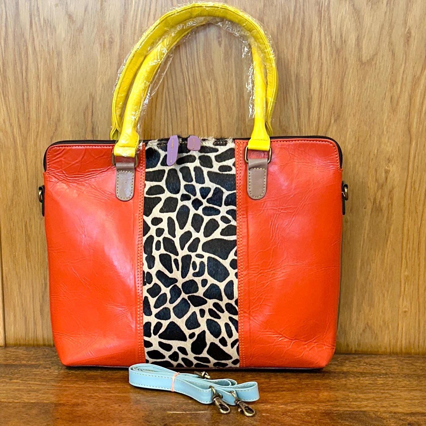 Recycled Leather Laptop Bag | coloured Leather Handbag with shoulder strap | Animal Print Bag | womens laptop bag | Gift for her |