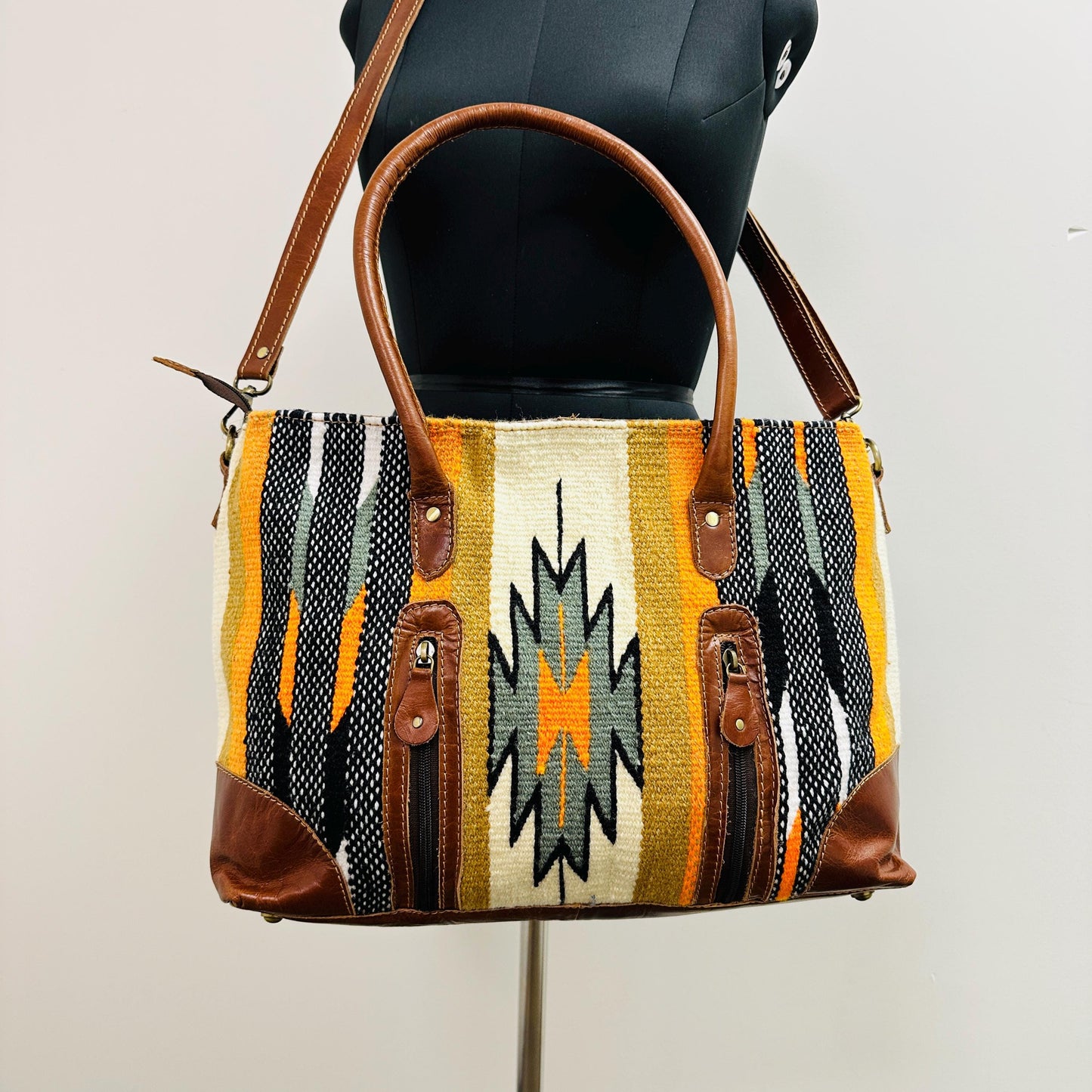 Western Style Blanket Shoulder Bag | Aztec Saddle Blanket Bag | Carpet Bag | Boho Large Shoulder Bag | Hand Tooled Blanket Shoulder Bag
