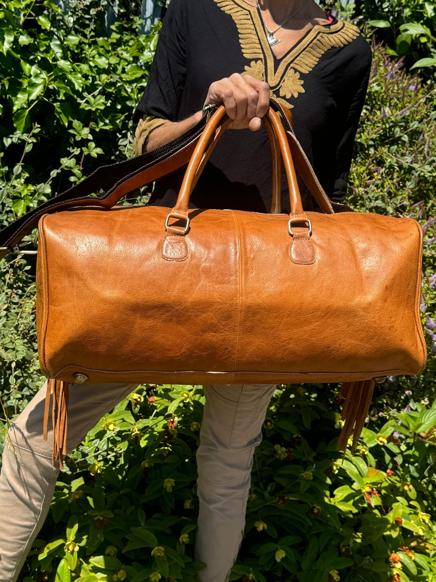 Western Style Leather and Hide Duffle Bag with Tassels - JayKayBoutiqueOnline