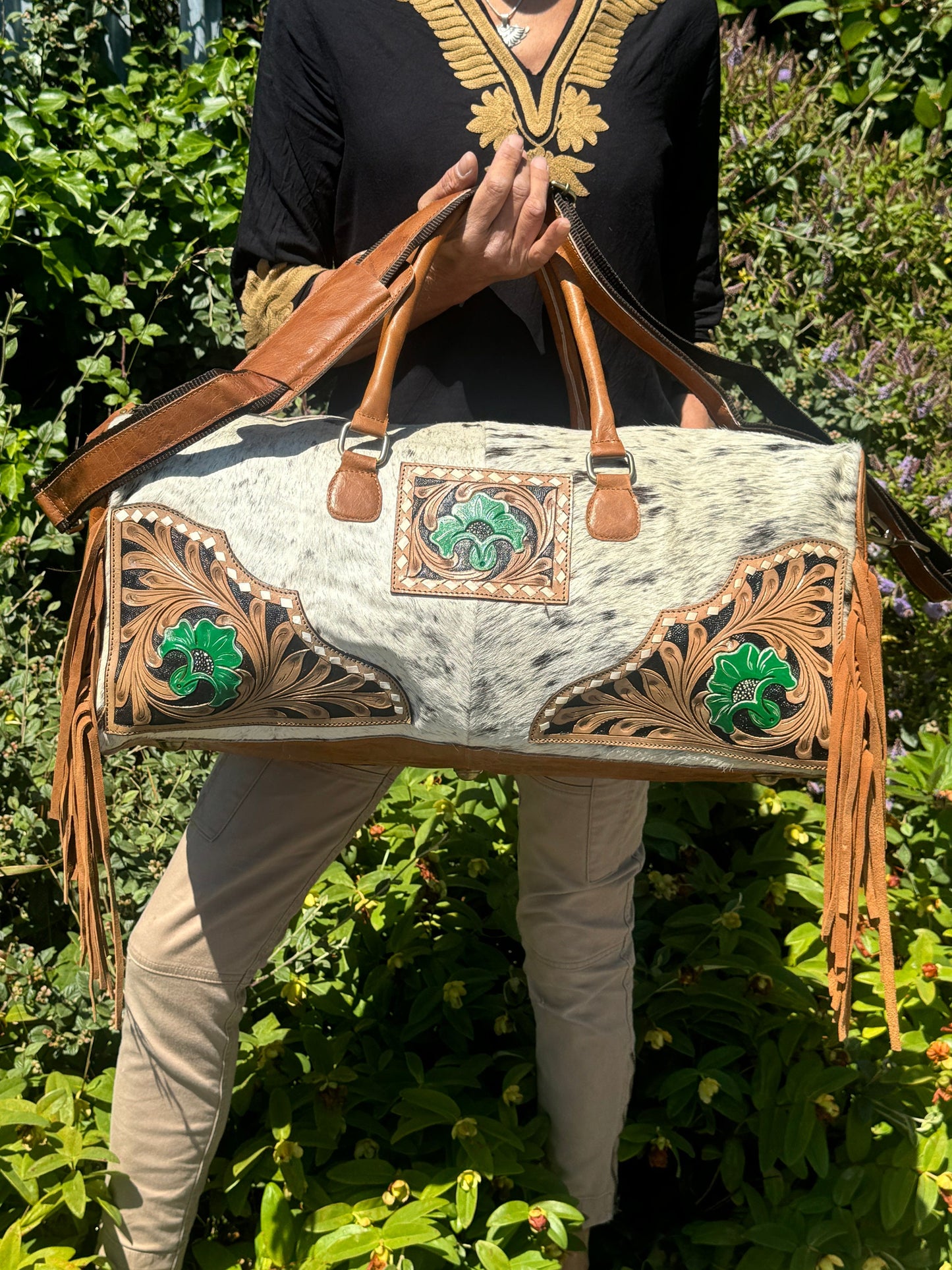 Western Style Leather and Hide Duffle Bag with Tassels - JayKayBoutiqueOnline