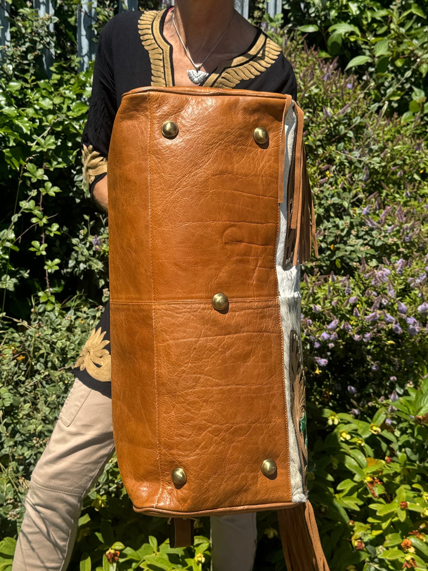 Western Style Leather and Hide Duffle Bag with Tassels - JayKayBoutiqueOnline