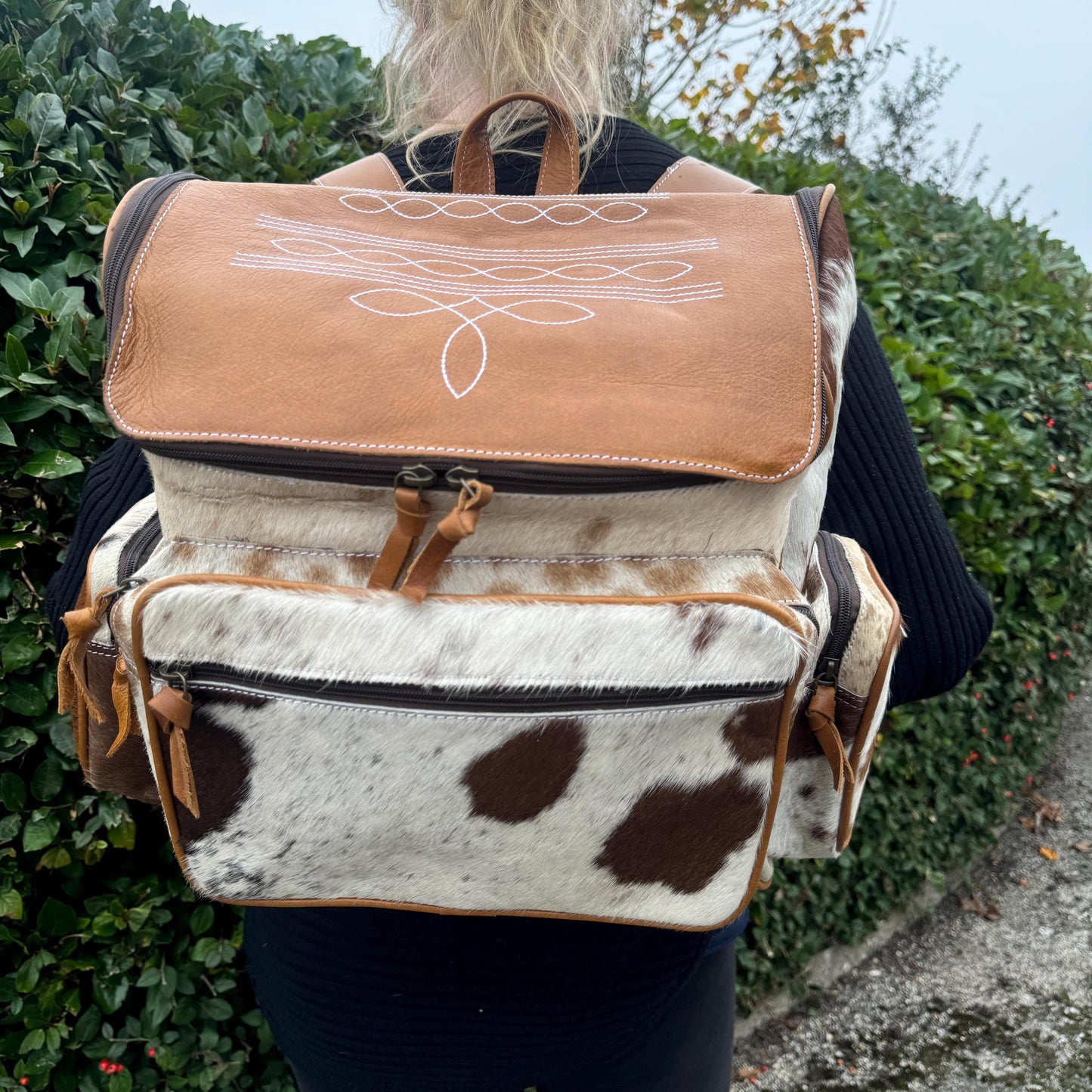 Large Backpack Leather and Cowhide Multiple Zip Pockets Padded Adjustable Shoulder Straps with Top Handle - JayKayBoutiqueOnline