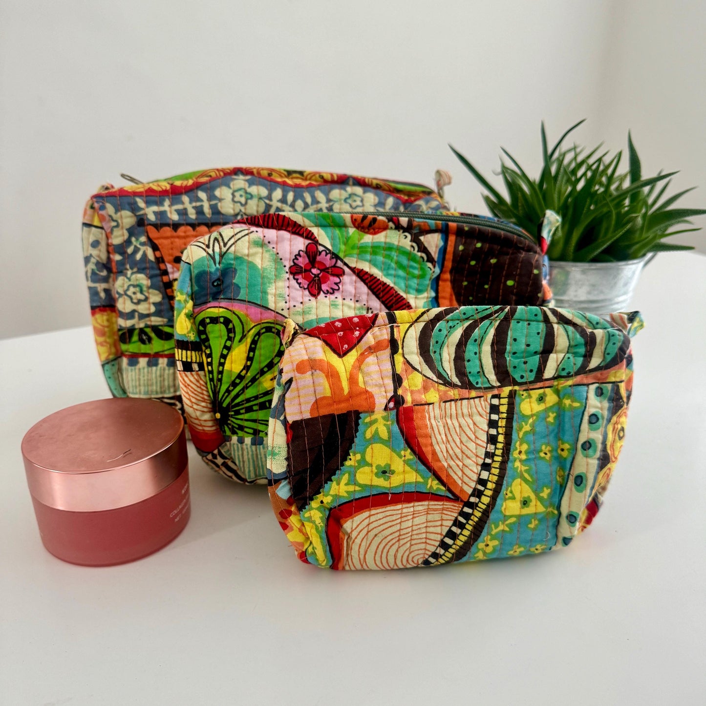 3 Piece Printed Cotton Quilted Makeup Bath Toiletry Bag Set - JayKayBoutiqueOnline