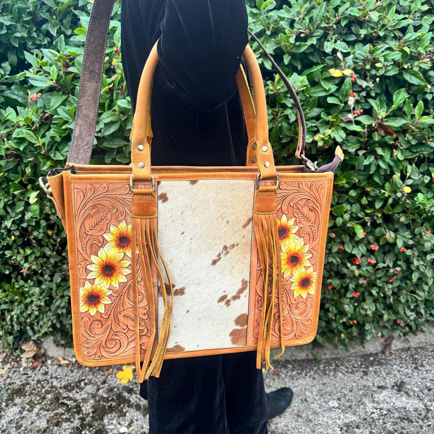 Leather Tote Sunflower hand tooled with hair on - JayKayBoutiqueOnline