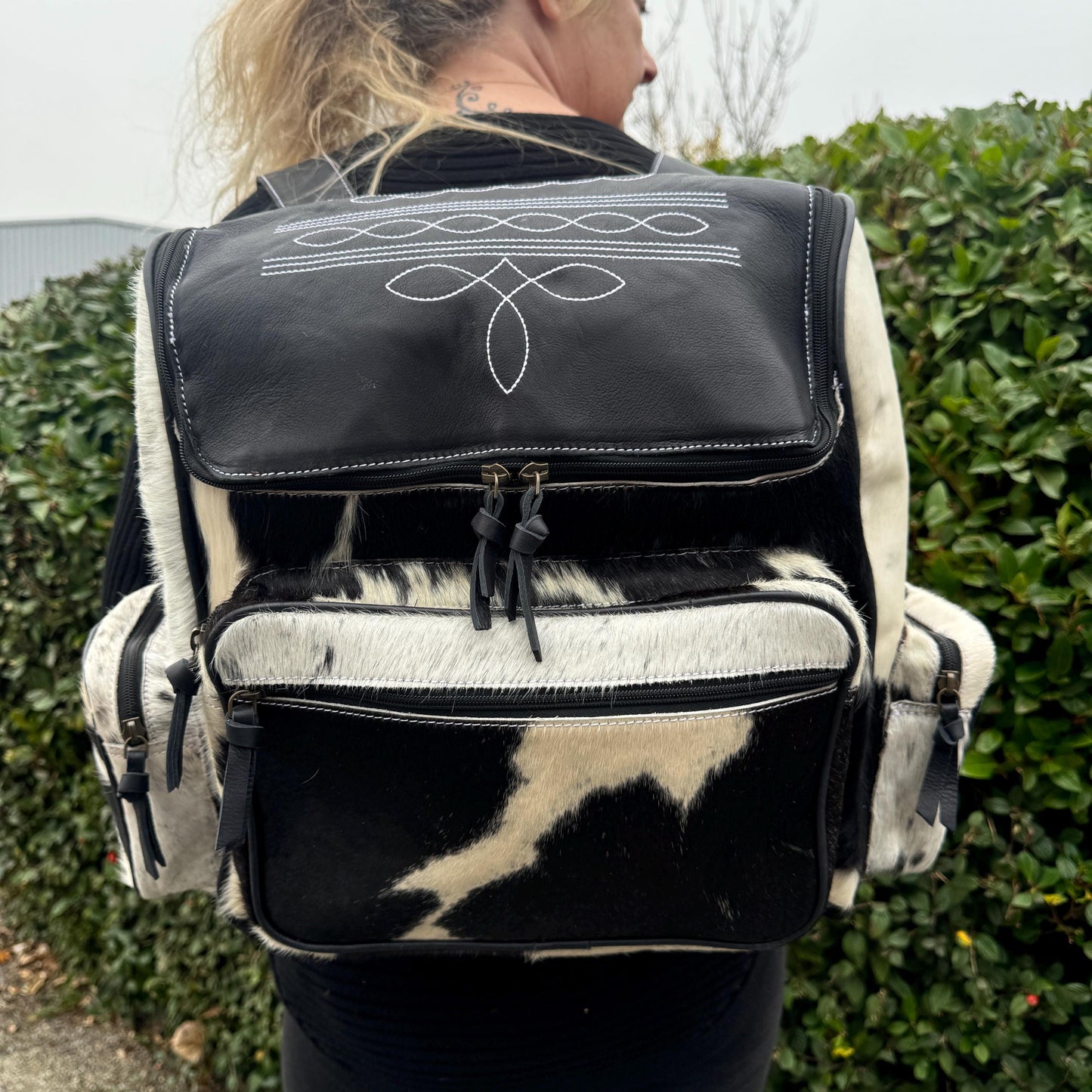 Large Backpack Leather and Cowhide Multiple Zip Pockets Padded Adjustable Shoulder Straps with Top Handle - JayKayBoutiqueOnline