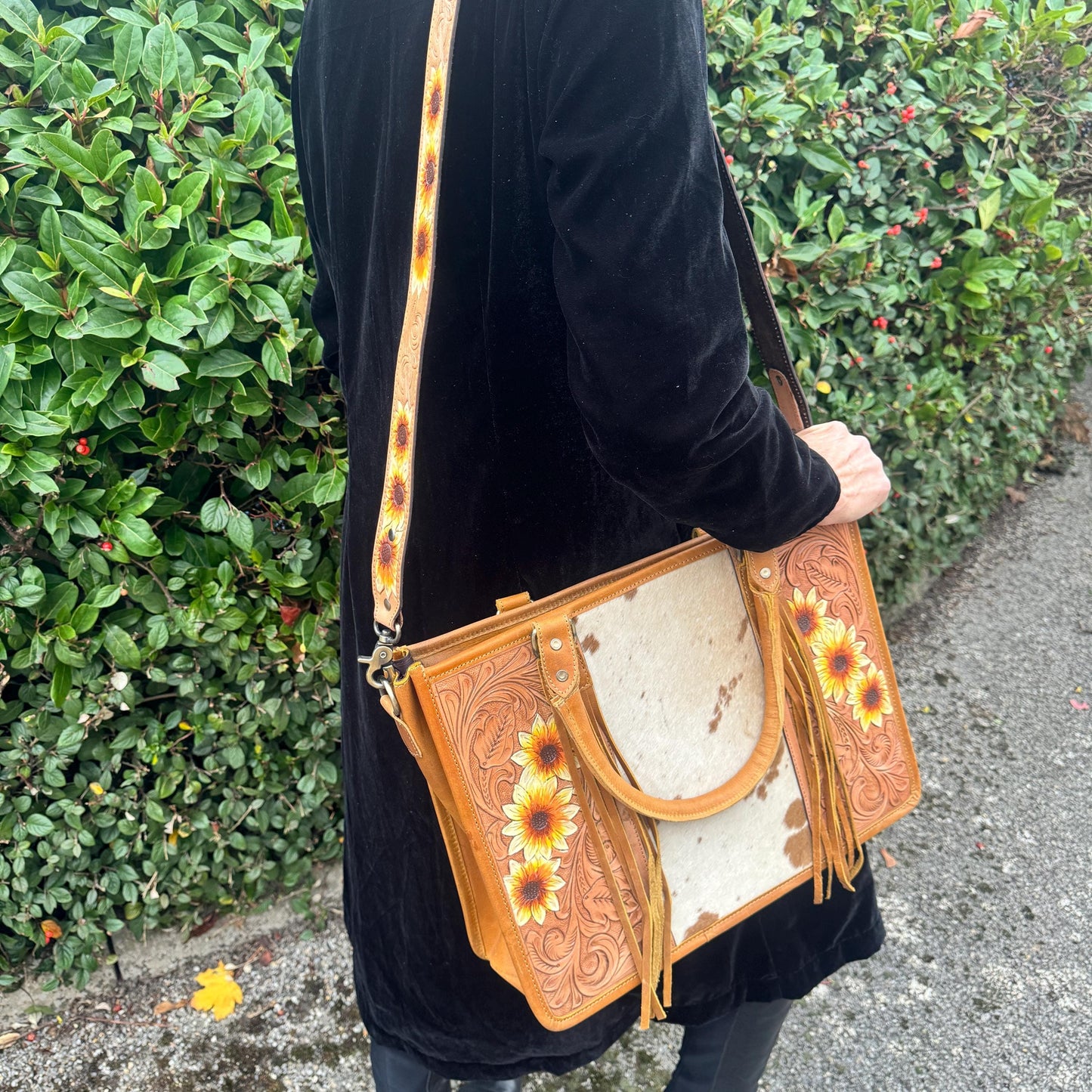 Leather Tote Sunflower hand tooled with hair on - JayKayBoutiqueOnline