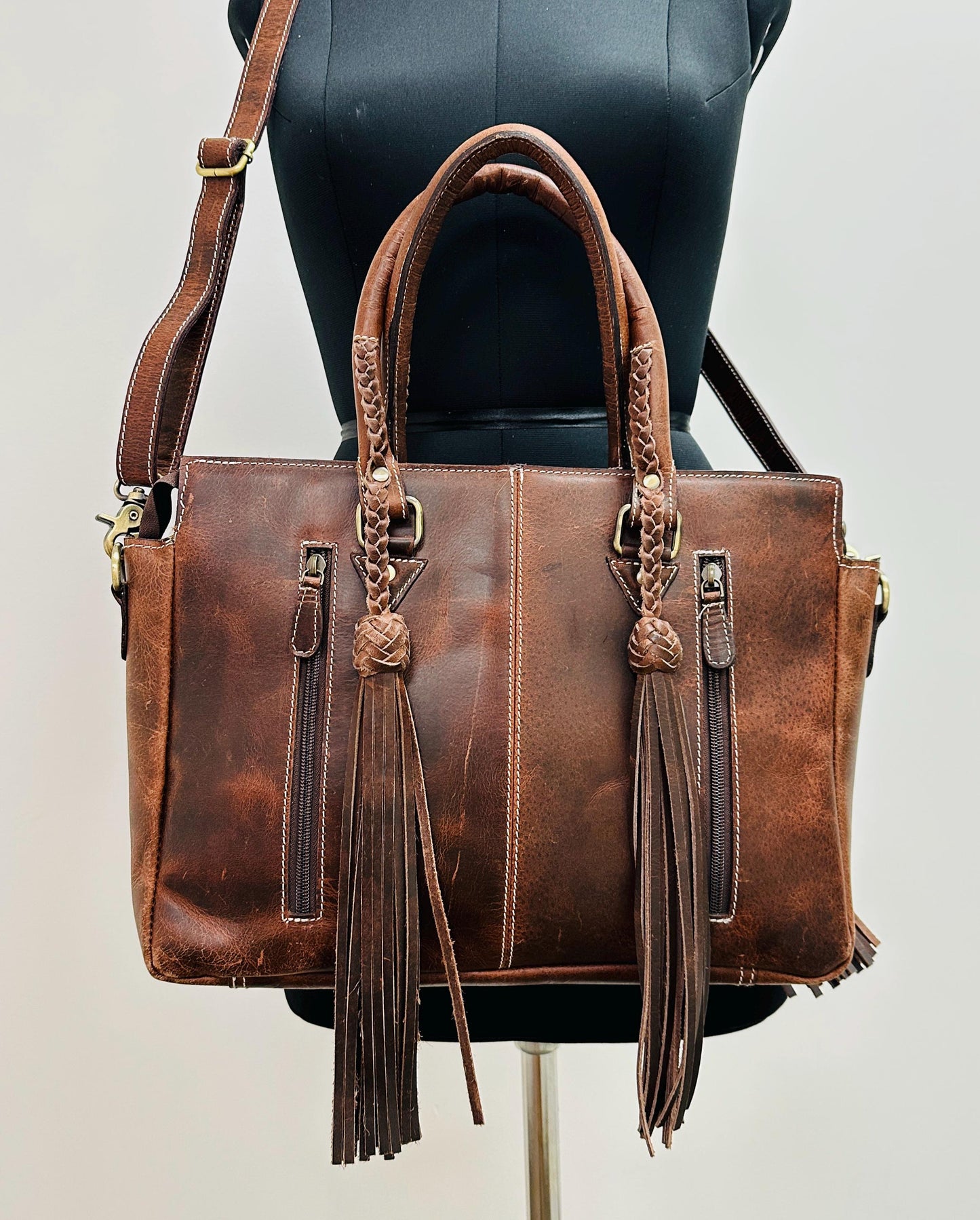 Hand Carved Leather Fringe Tote Bag - JayKayBoutiqueOnline