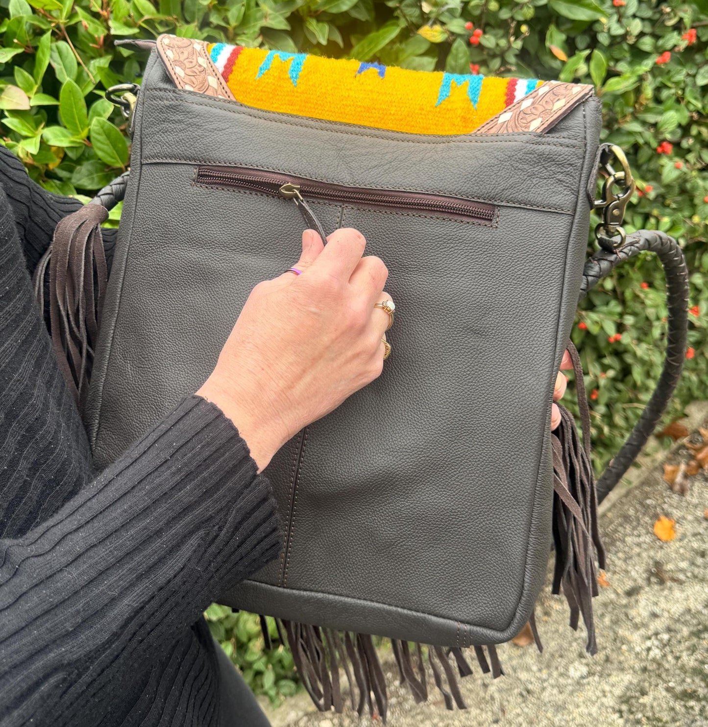Leather Fringed Laptop Kilim Messenger - JayKayBoutiqueOnline