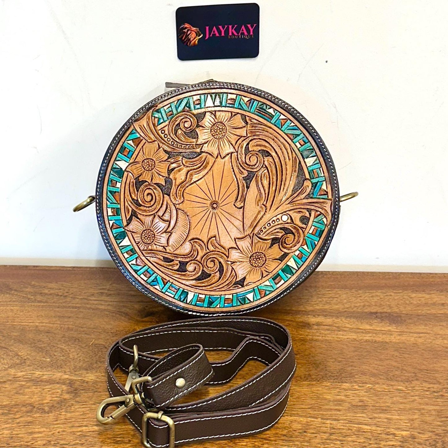Hand Tooled Leather Round Shoulder Bag - JayKayBoutiqueOnline