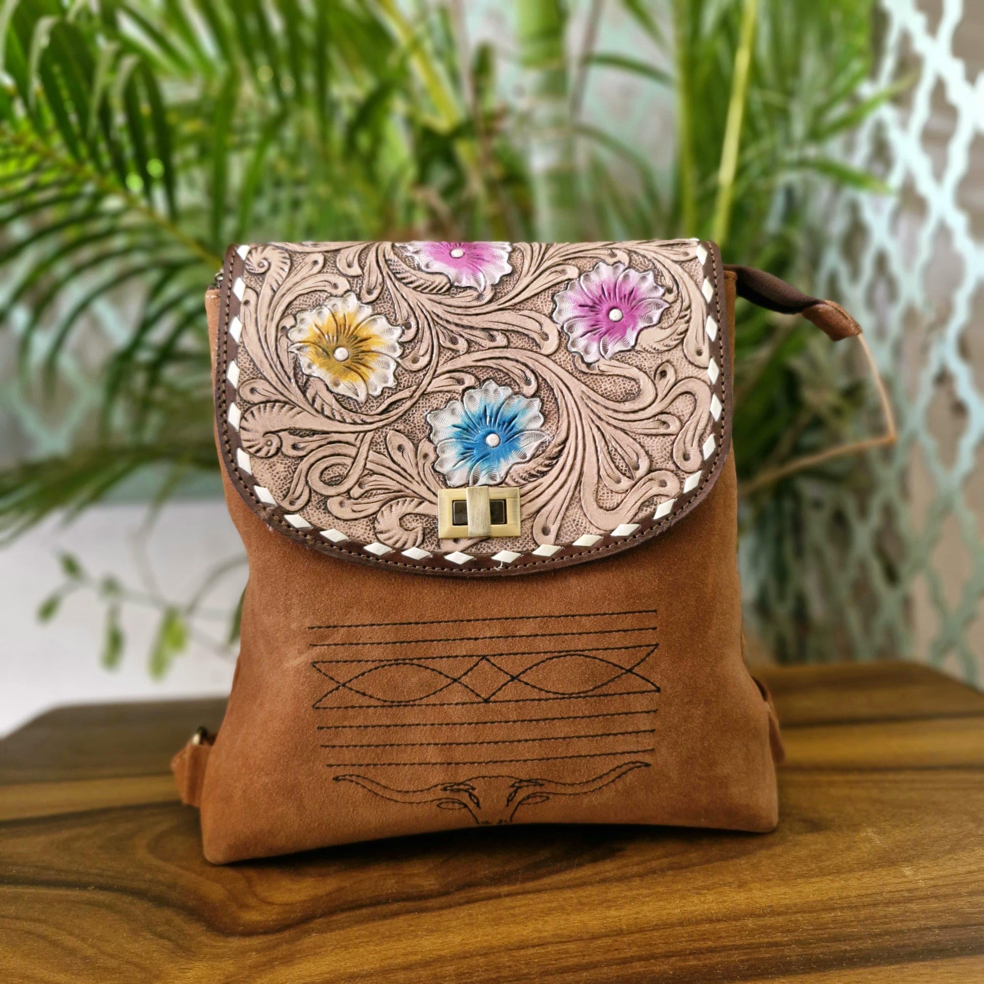 2 in 1 Leather Suede Backpack with Hand-Tooled Design - JayKayBoutiqueOnline