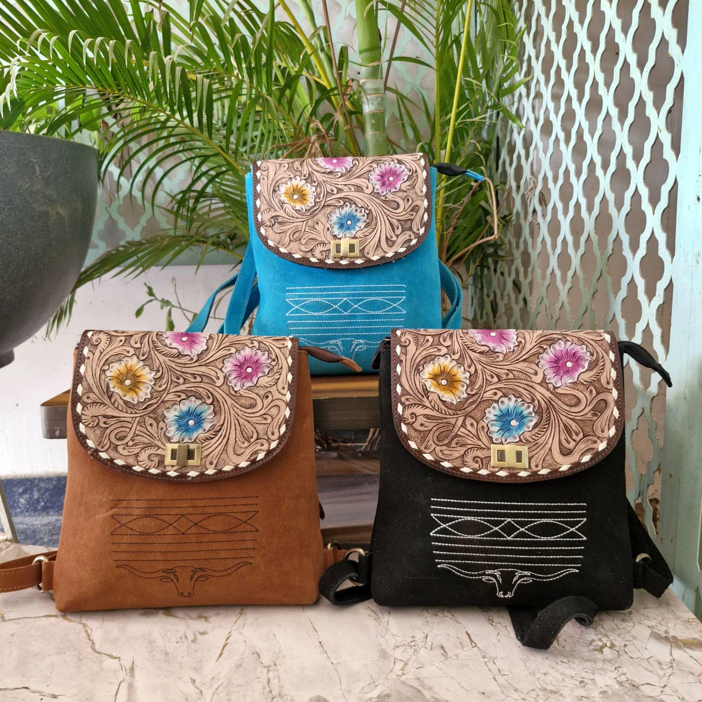 Convertible bag backpack shoulder bag Suede Boot stitch hand tooled Leather - JayKayBoutiqueOnline