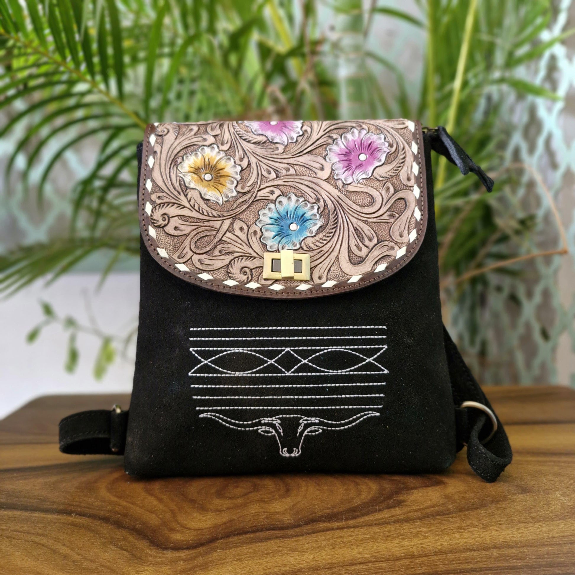 2 in 1 Leather Suede Backpack with Hand-Tooled Design - JayKayBoutiqueOnline