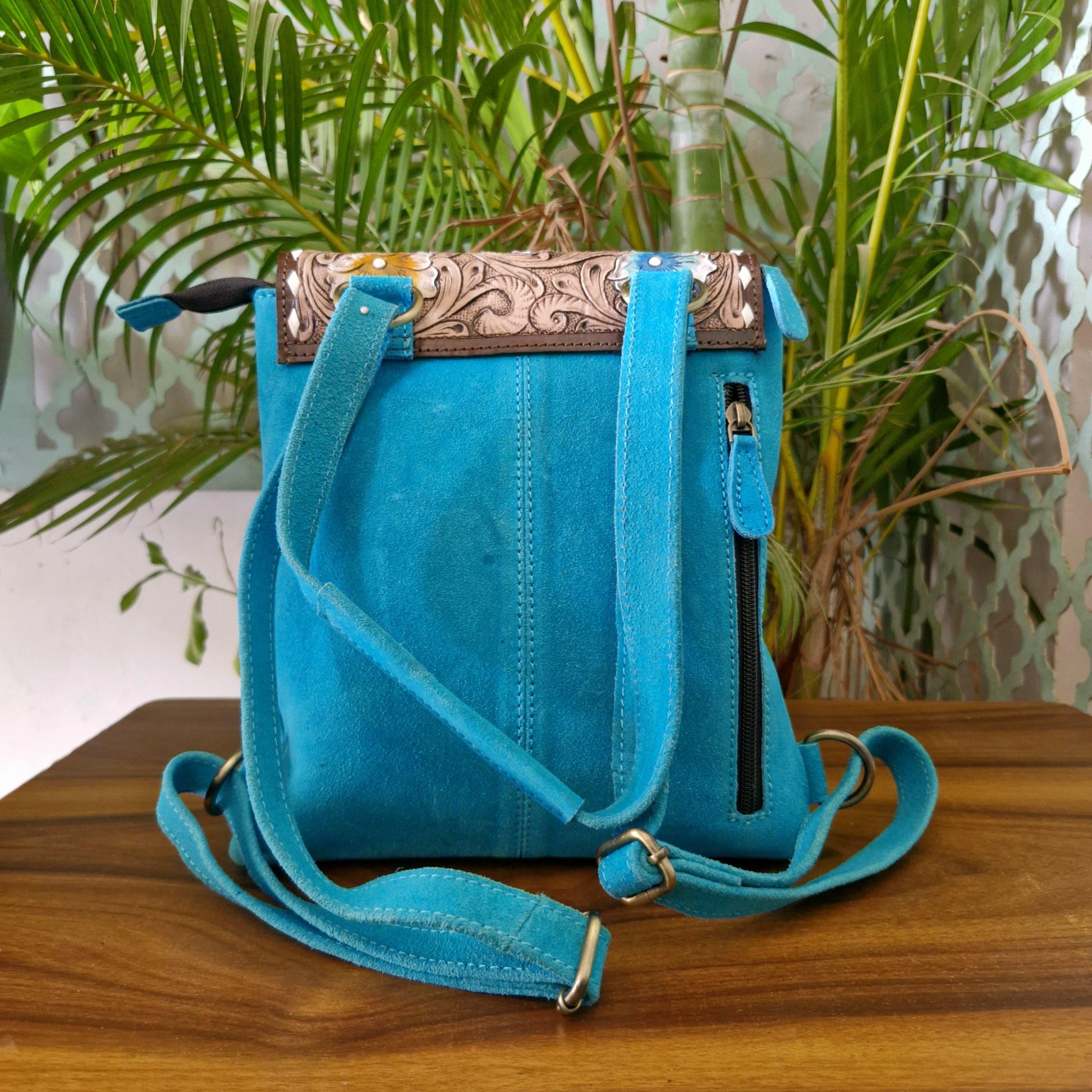 2 in 1 Leather Suede Backpack with Hand-Tooled Design - JayKayBoutiqueOnline