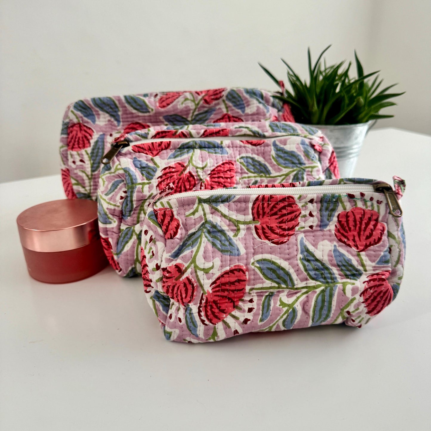 3 Piece Printed Cotton Quilted Makeup Bath Toiletry Bag Set - JayKayBoutiqueOnline
