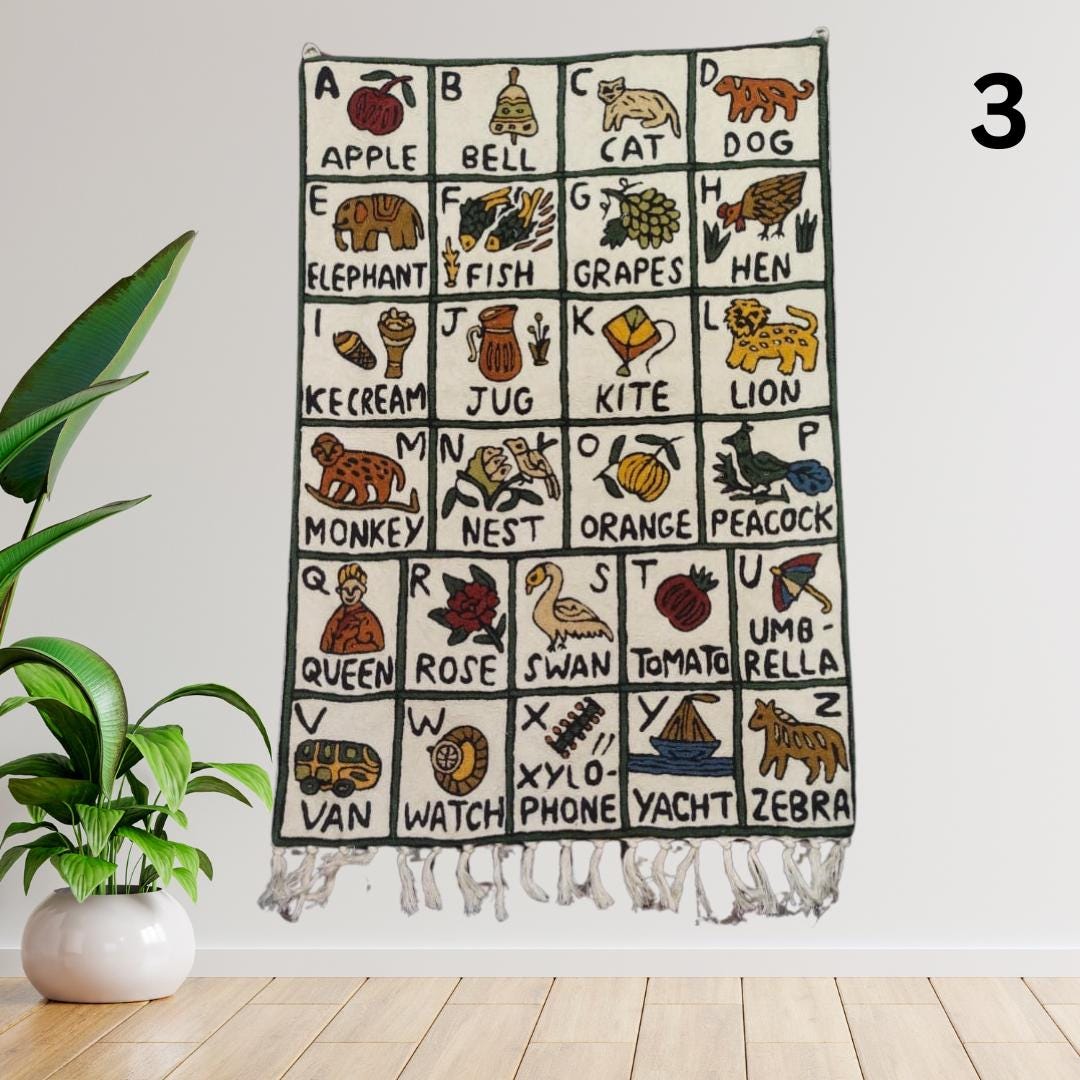 Handwoven Wool ABC Tapestry: Nursery Wall Hanging with Animal Embroidery Nursery Rug - JayKayBoutiqueOnline