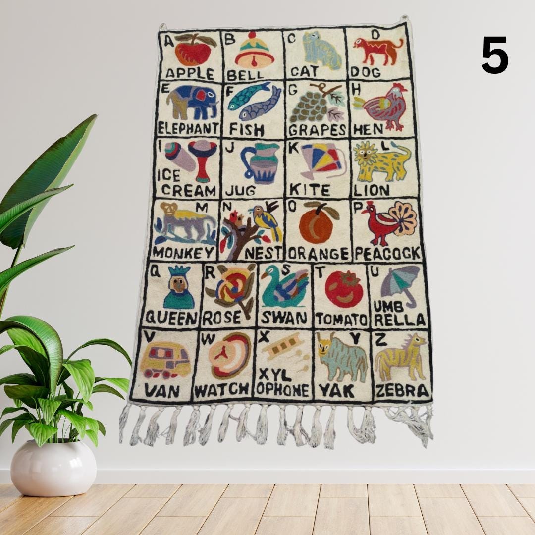 Handwoven Wool ABC Tapestry: Nursery Wall Hanging with Animal Embroidery Nursery Rug - JayKayBoutiqueOnline