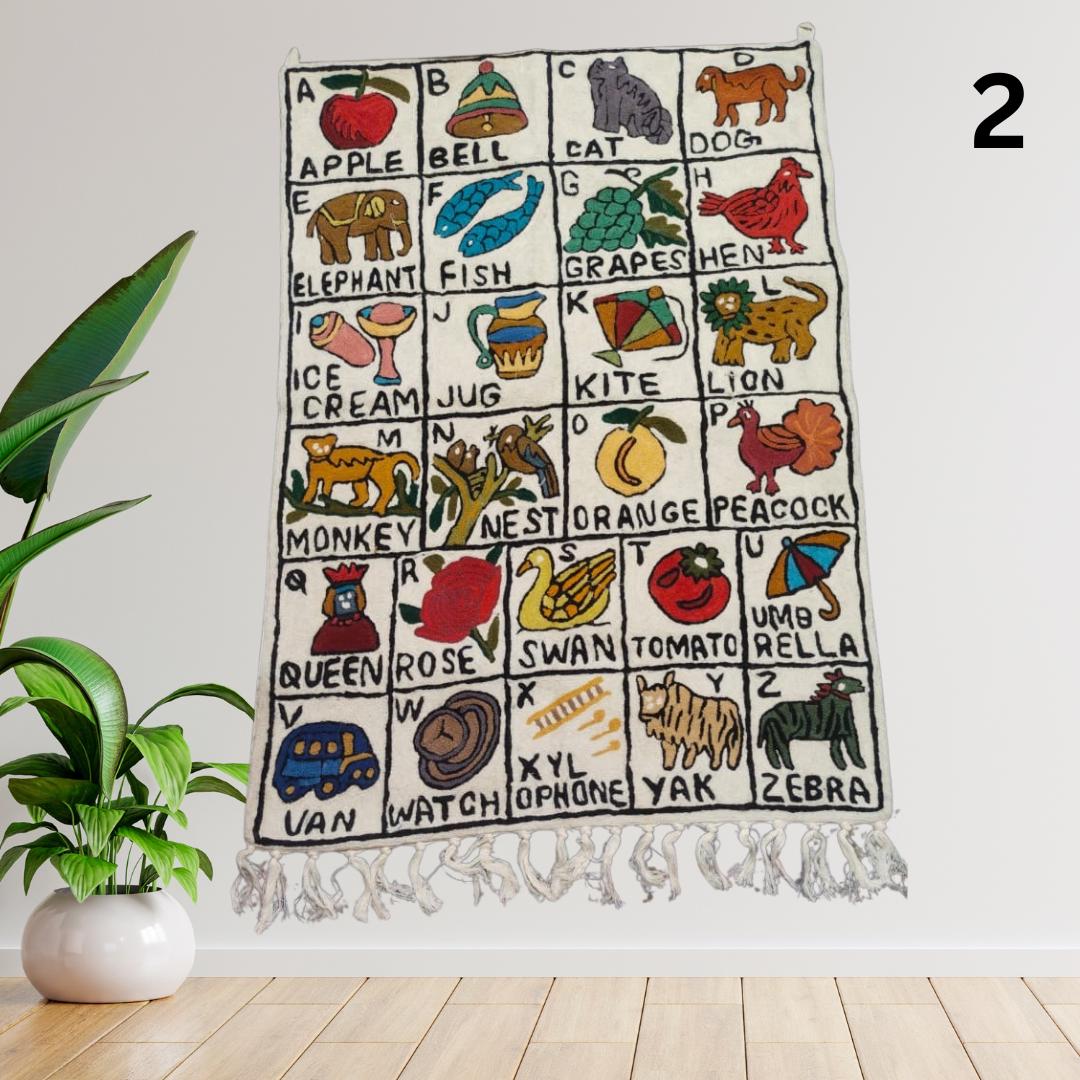 Handwoven Wool ABC Tapestry: Nursery Wall Hanging with Animal Embroidery Nursery Rug - JayKayBoutiqueOnline