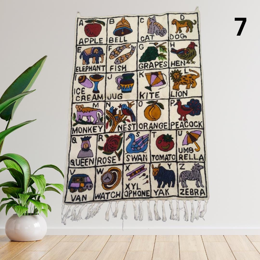 Handwoven Wool ABC Tapestry: Nursery Wall Hanging with Animal Embroidery Nursery Rug - JayKayBoutiqueOnline