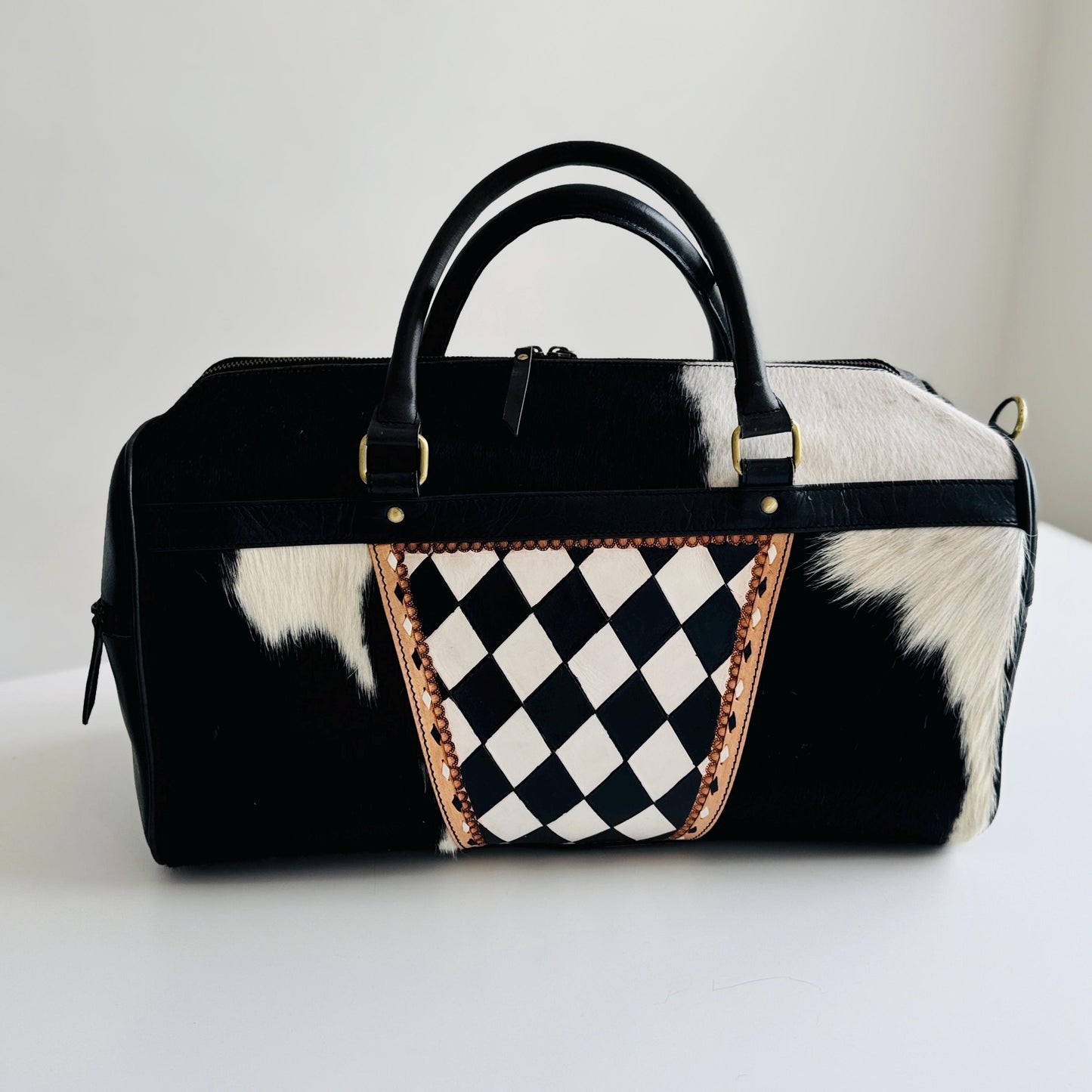 Small Hide & Leather Duffle Bag with Tooled Detailing in Black or Tan - JayKayBoutiqueOnline