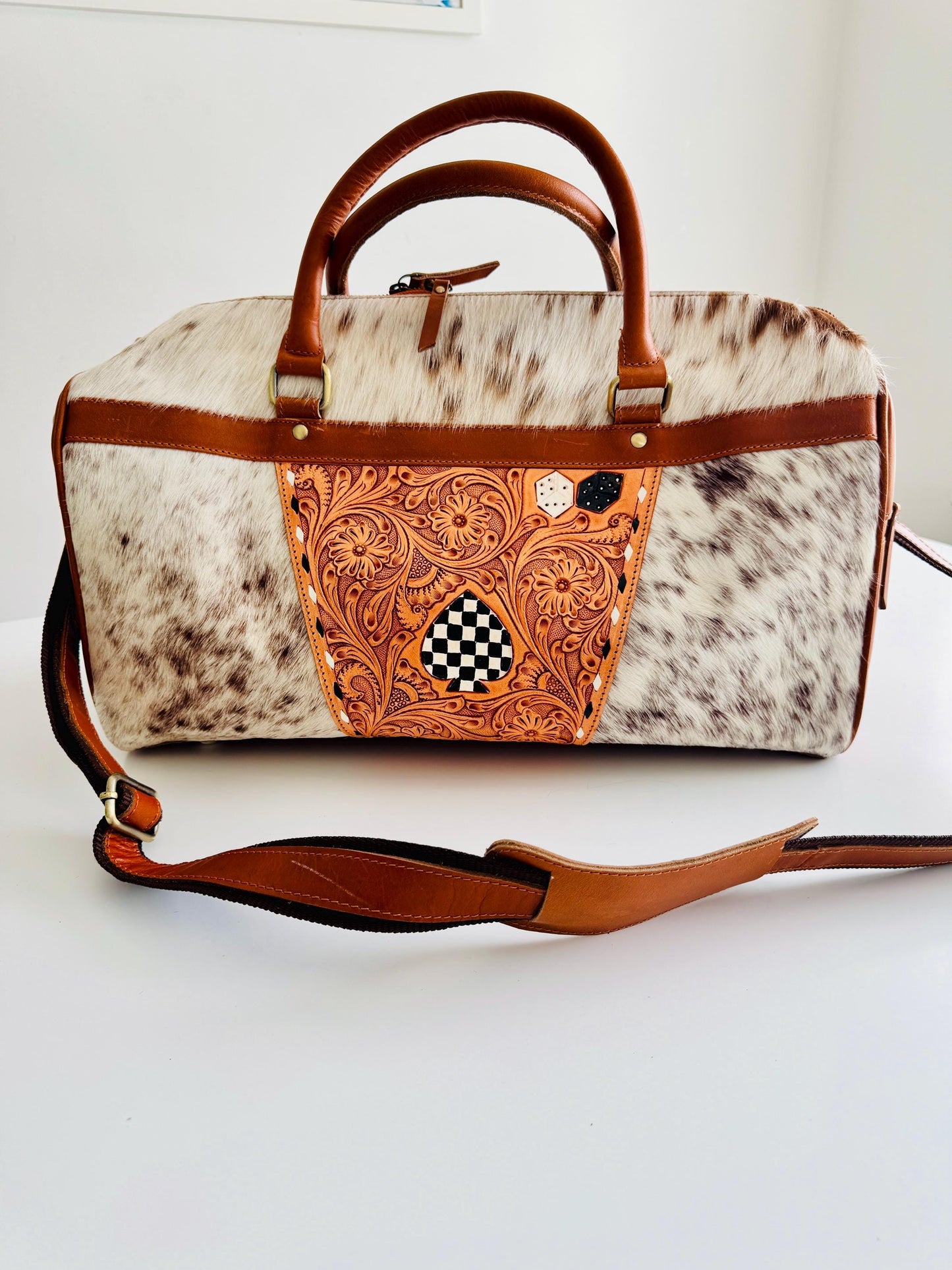 Small Hide & Leather Duffle Bag with Tooled Detailing in Black or Tan - JayKayBoutiqueOnline