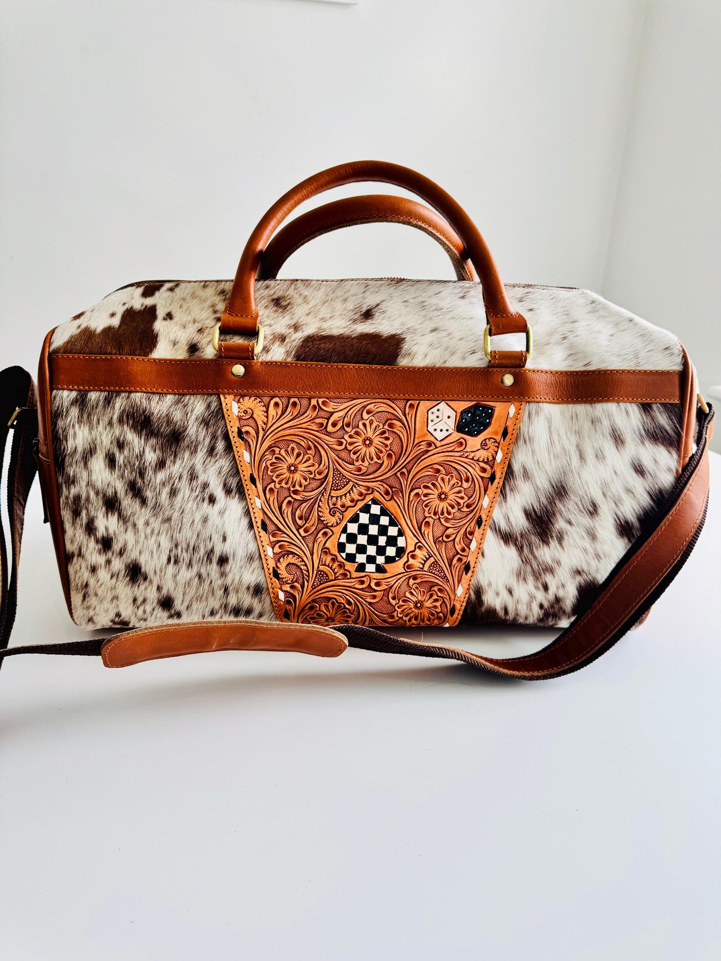 Small Hide & Leather Duffle Bag with Tooled Detailing in Black or Tan - JayKayBoutiqueOnline