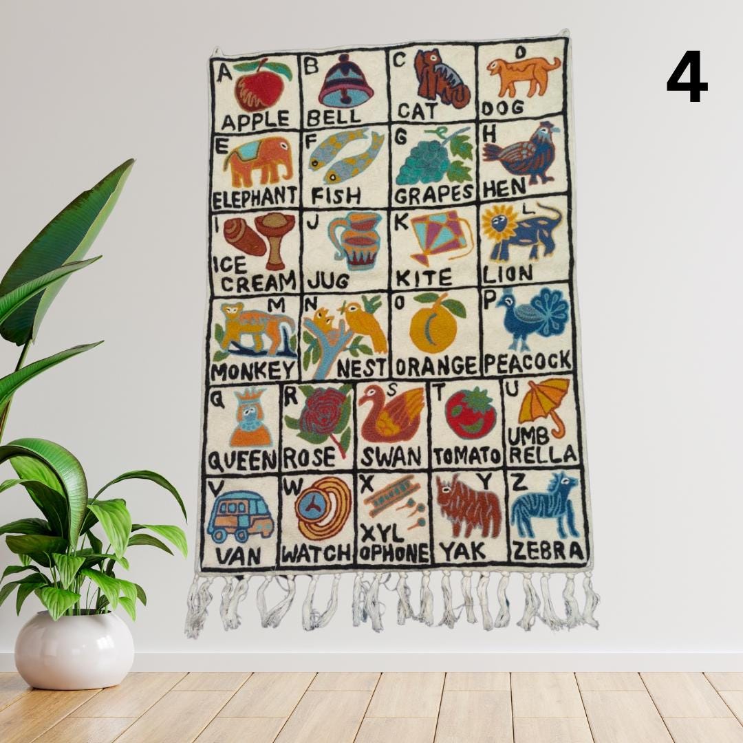 Handwoven Wool ABC Tapestry: Nursery Wall Hanging with Animal Embroidery Nursery Rug - JayKayBoutiqueOnline