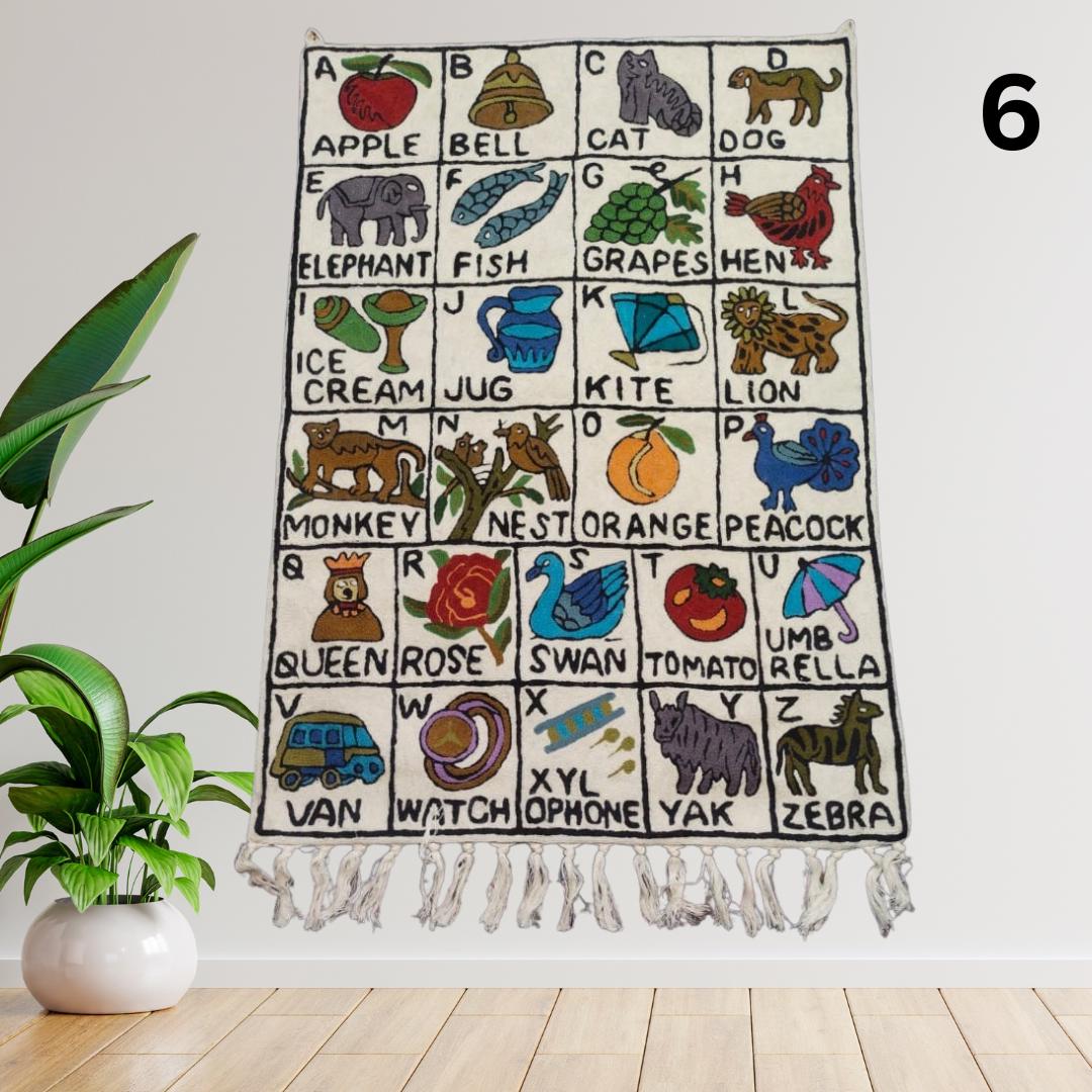 Handwoven Wool ABC Tapestry: Nursery Wall Hanging with Animal Embroidery Nursery Rug - JayKayBoutiqueOnline