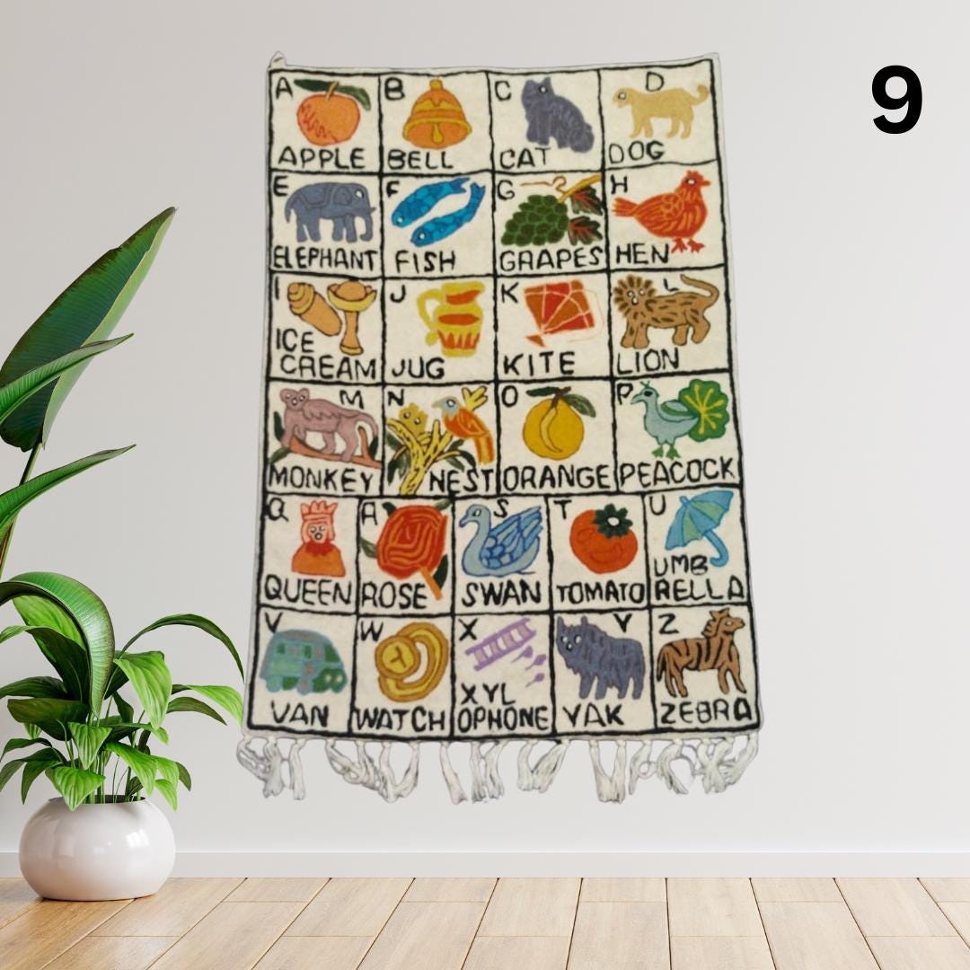 Handwoven Wool ABC Tapestry: Nursery Wall Hanging with Animal Embroidery Nursery Rug - JayKayBoutiqueOnline