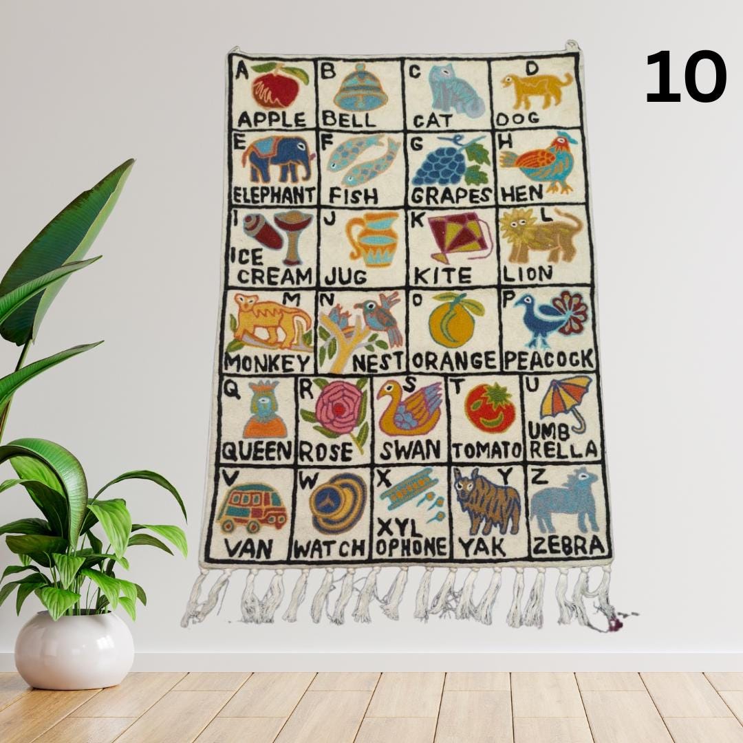 Handwoven Wool ABC Tapestry: Nursery Wall Hanging with Animal Embroidery Nursery Rug - JayKayBoutiqueOnline