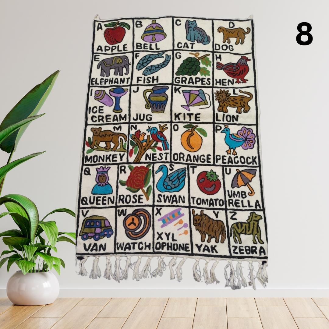 Handwoven Wool ABC Tapestry: Nursery Wall Hanging with Animal Embroidery Nursery Rug - JayKayBoutiqueOnline
