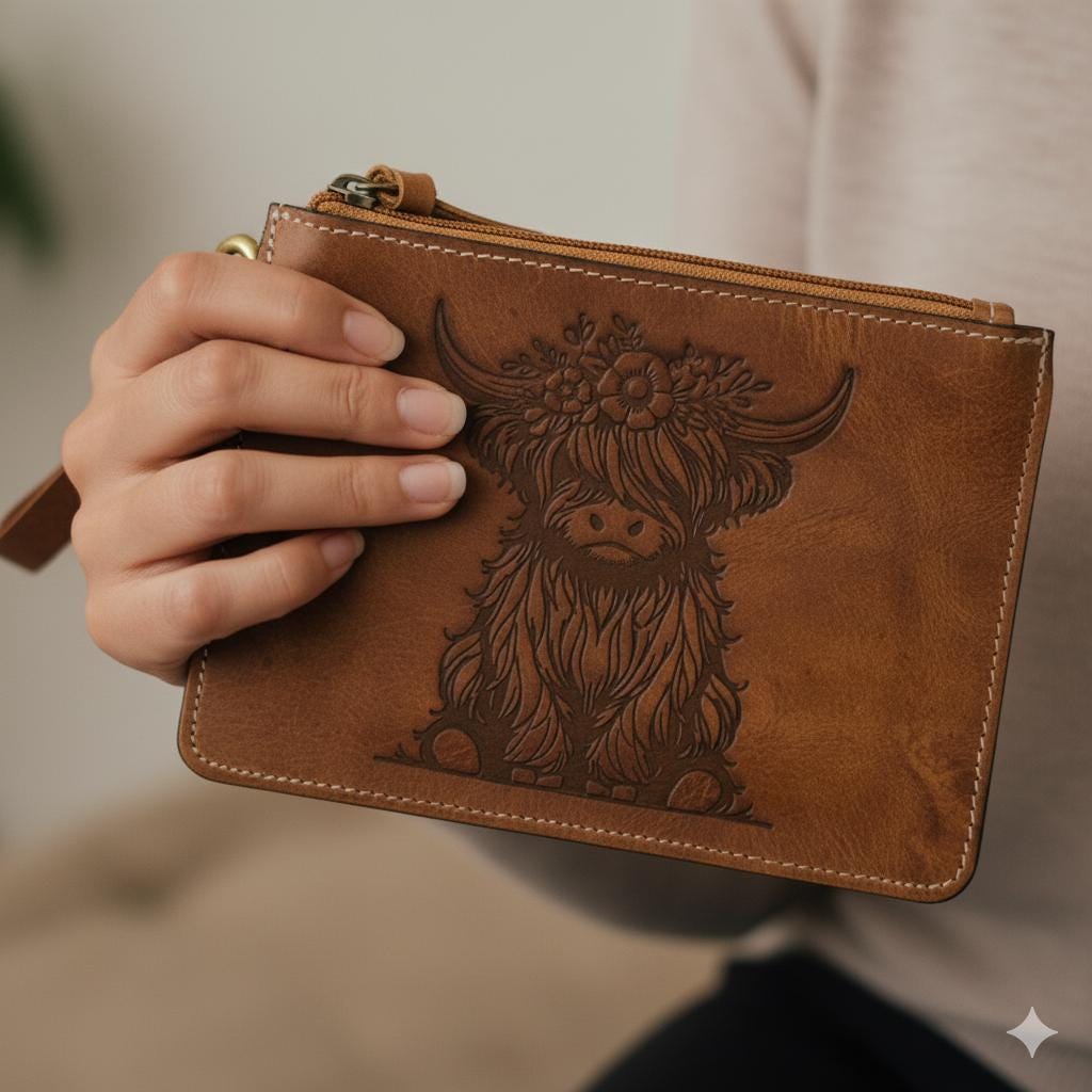Handcrafted Highland Cow Leather Purse Pouch - JayKayBoutiqueOnline