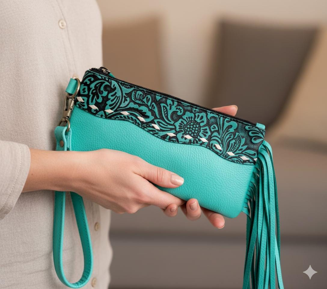 Tooled Leather Pencil Case Clutch - JayKayBoutiqueOnline