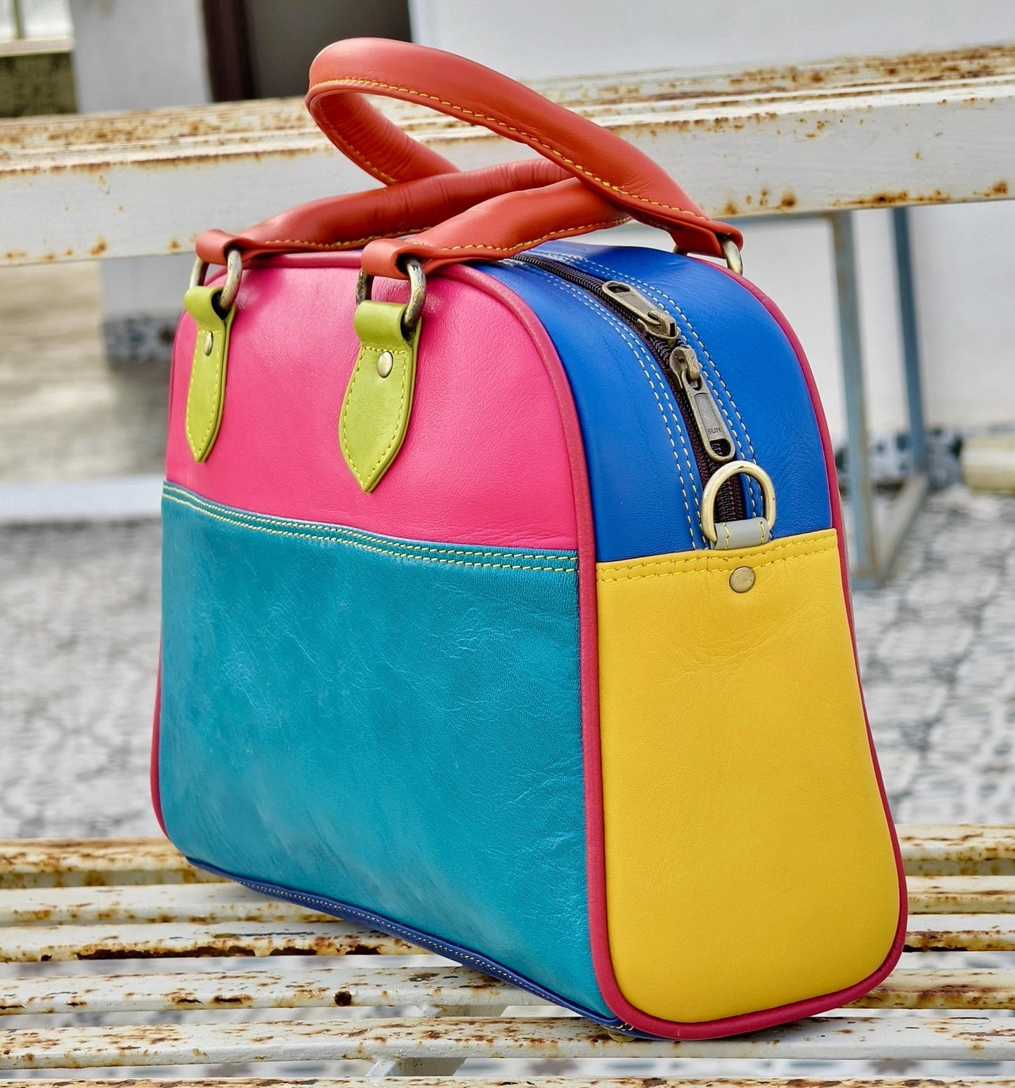 Coloured Leather Top Handle Leather Handbag: Vintage Style, Adjustable Strap - JayKayBoutiqueOnline