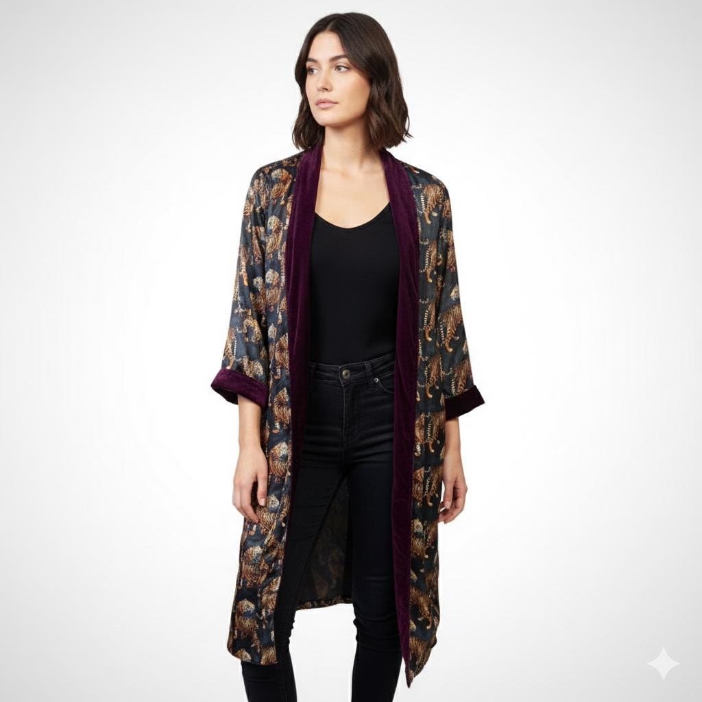 Reversible Tiger Print Velvet Duster Jacket - JayKayBoutiqueOnline
