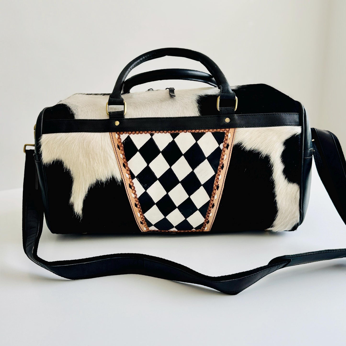 Small Hide & Leather Duffle Bag with Tooled Detailing in Black or Tan - JayKayBoutiqueOnline