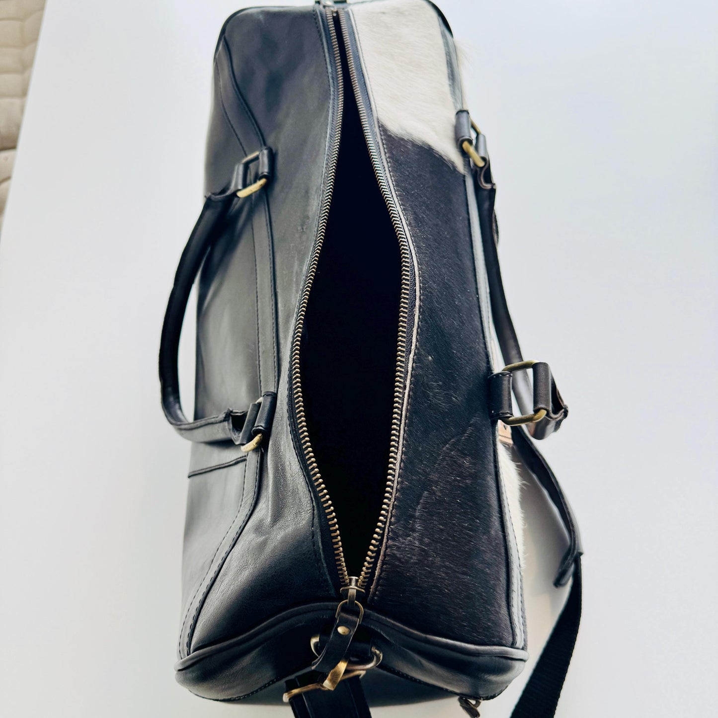Small Hide & Leather Duffle Bag with Tooled Detailing in Black or Tan - JayKayBoutiqueOnline