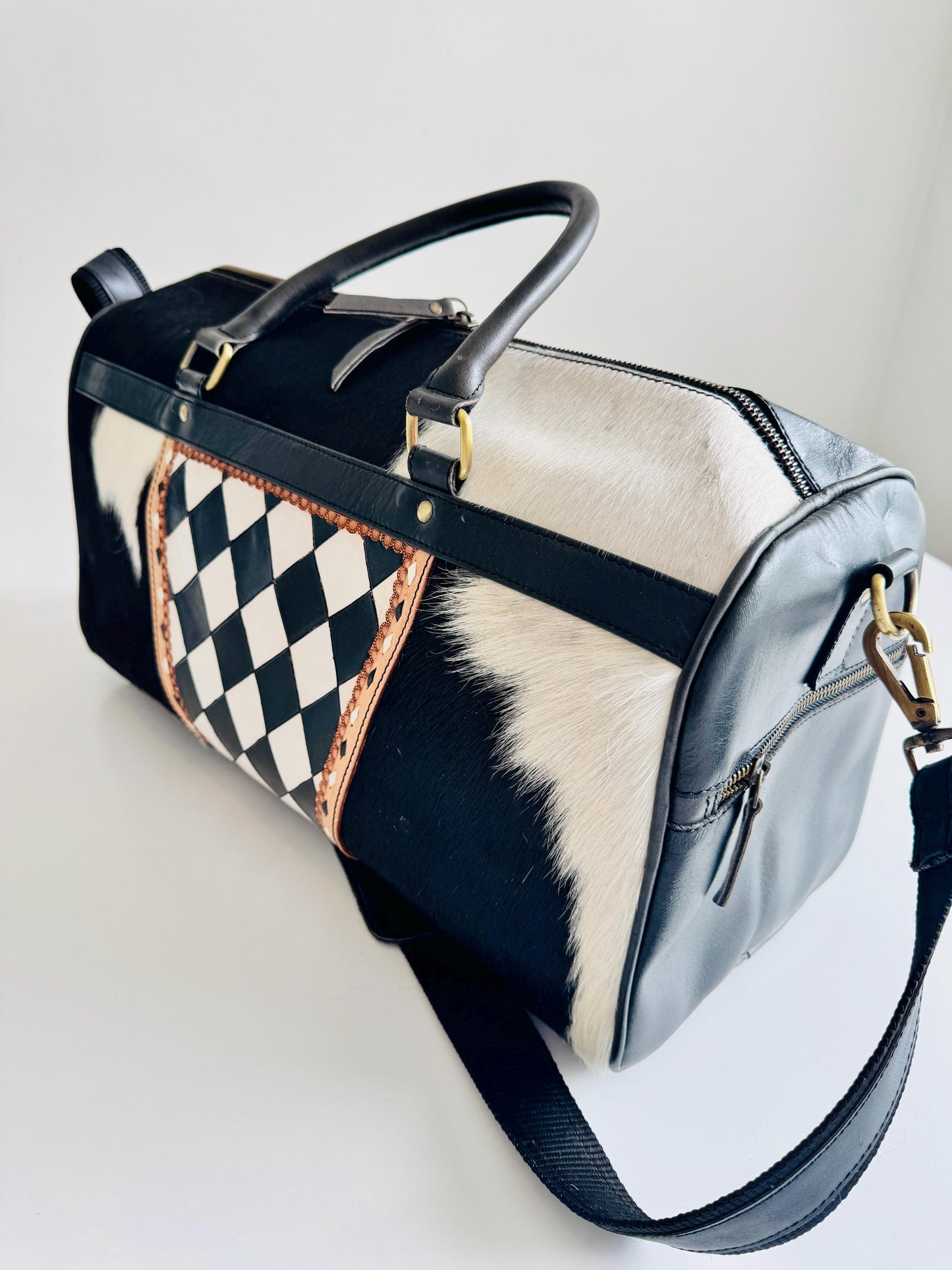 Small Hide & Leather Duffle Bag with Tooled Detailing in Black or Tan - JayKayBoutiqueOnline