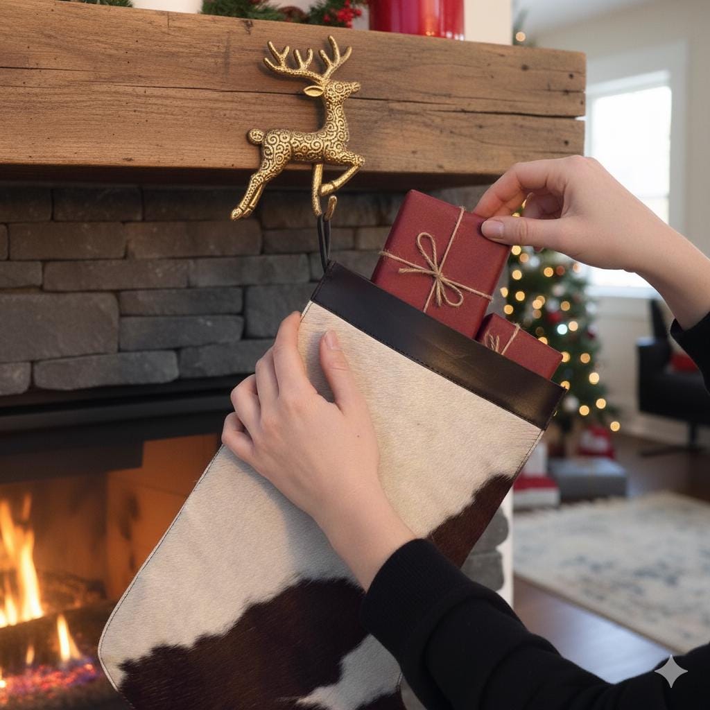 Handmade Cowhide Christmas Stockings with Leather Top: Brown or Black Cowhide, Large Christmas Stocking 50x41cm (20x16in) - JayKayBoutiqueOnline