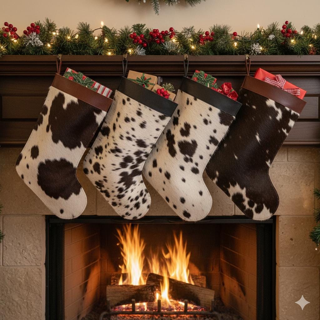 Handmade Cowhide Christmas Stockings with Leather Top: Brown or Black Cowhide, Large Christmas Stocking 50x41cm (20x16in) - JayKayBoutiqueOnline