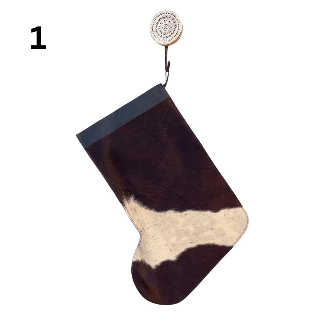 Handmade Cowhide Christmas Stockings with Leather Top: Brown or Black Cowhide, Large Christmas Stocking 50x41cm (20x16in) - JayKayBoutiqueOnline