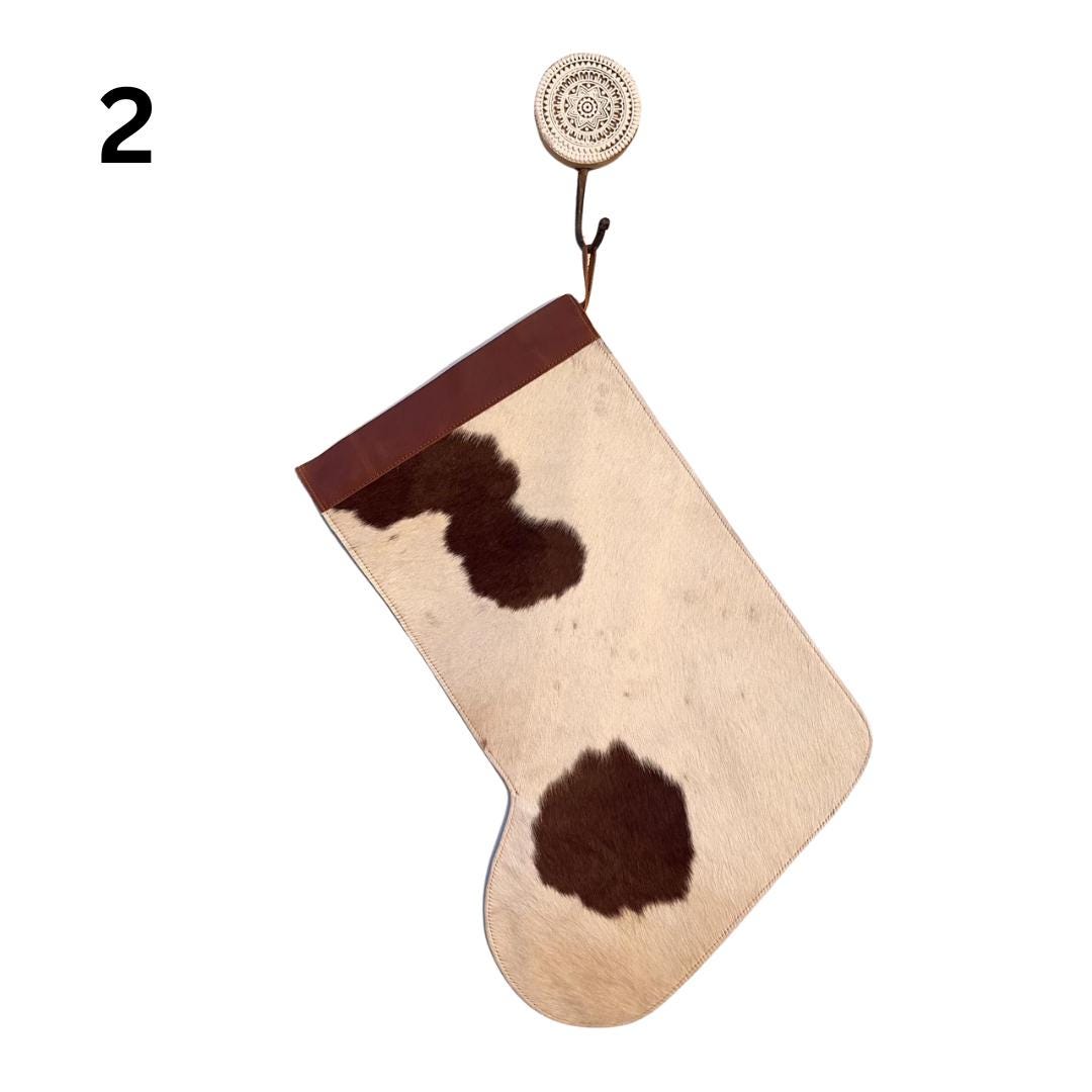 Handmade Cowhide Christmas Stockings with Leather Top: Brown or Black Cowhide, Large Christmas Stocking 50x41cm (20x16in) - JayKayBoutiqueOnline