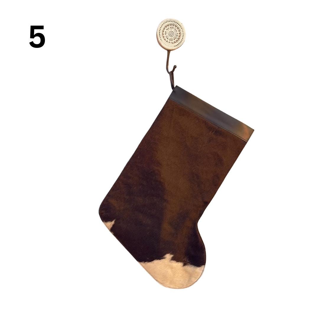 Handmade Cowhide Christmas Stockings with Leather Top: Brown or Black Cowhide, Large Christmas Stocking 50x41cm (20x16in) - JayKayBoutiqueOnline