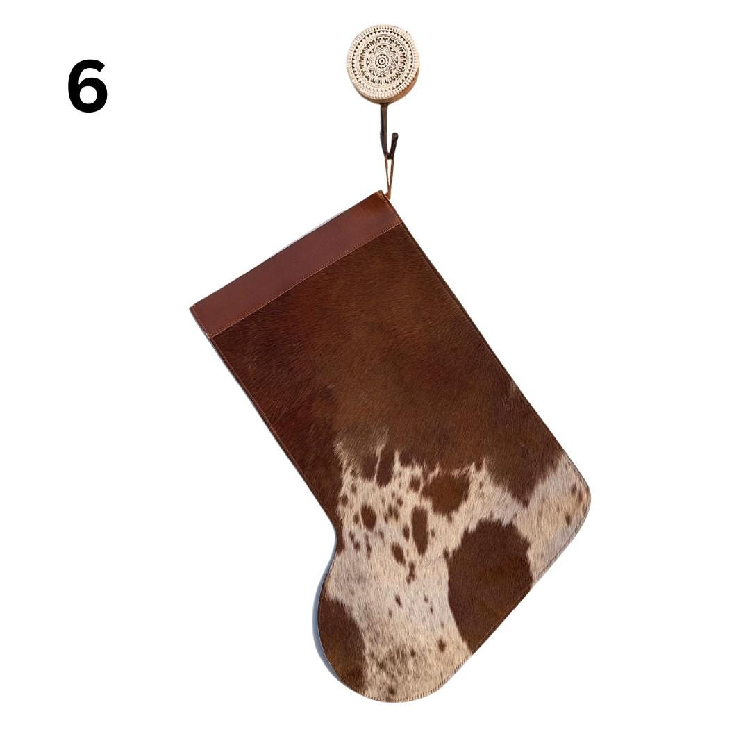 Handmade Cowhide Christmas Stockings with Leather Top: Brown or Black Cowhide, Large Christmas Stocking 50x41cm (20x16in) - JayKayBoutiqueOnline