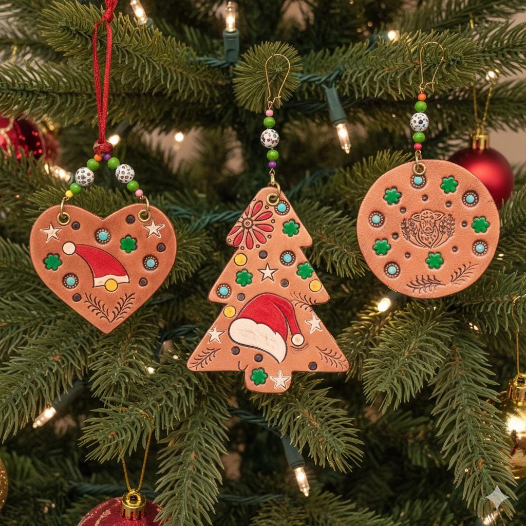 Handmade Leather Christmas Decoration: Hand-Painted Tree, Heart, or Round Design, Rustic Holiday Decor - JayKayBoutiqueOnline